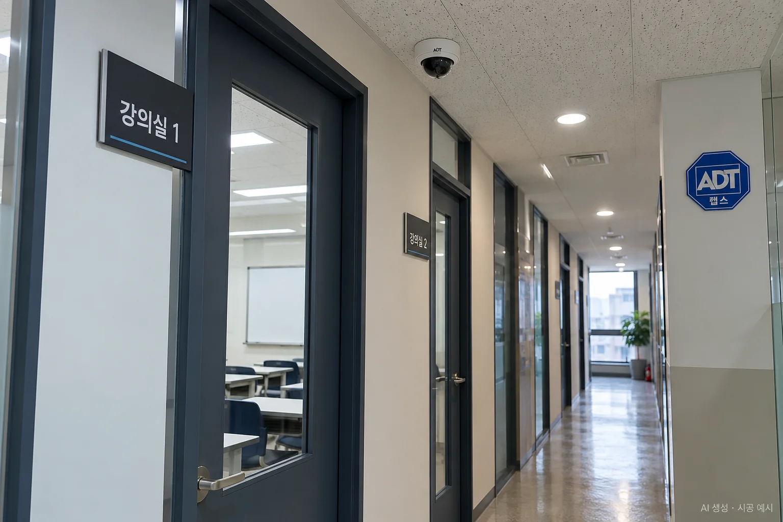 대구 학원 CCTV 설치 예시 - 강의실 문들이 있는 학원 복도, 천장 돔 카메라
