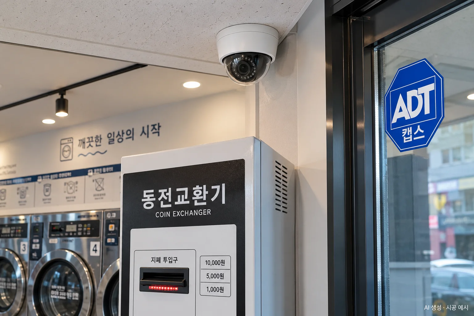 대구 코인빨래방 CCTV 설치 예시 - 결제기 · 동전교환기 위 돔 카메라