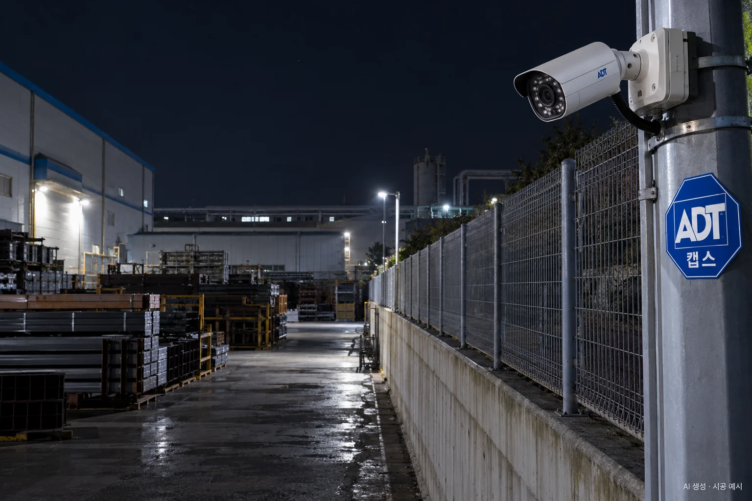 대구 공장 CCTV 설치 예시 - 밤의 외곽 담장과 야적 구역, 적외선 카메라