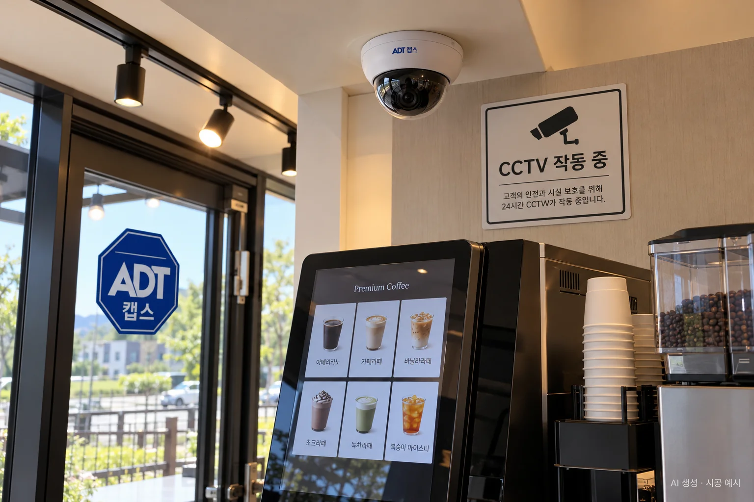 대구 무인카페 CCTV 설치 예시 - 커피머신 위 돔 카메라와 CCTV 작동 안내문