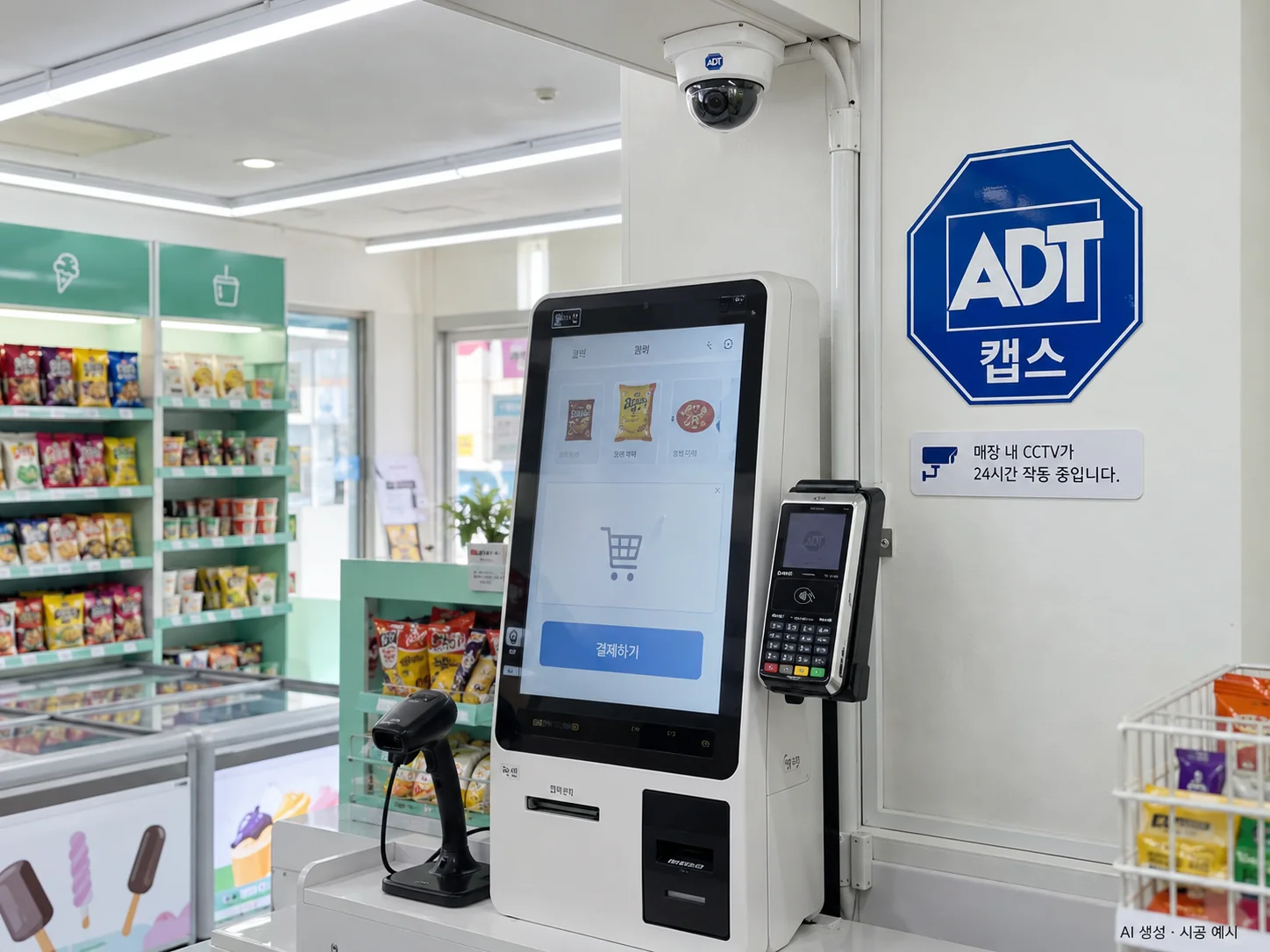 대구 무인가게 CCTV 설치 예시 - 키오스크 위 돔 카메라와 'CCTV 작동 중' 안내