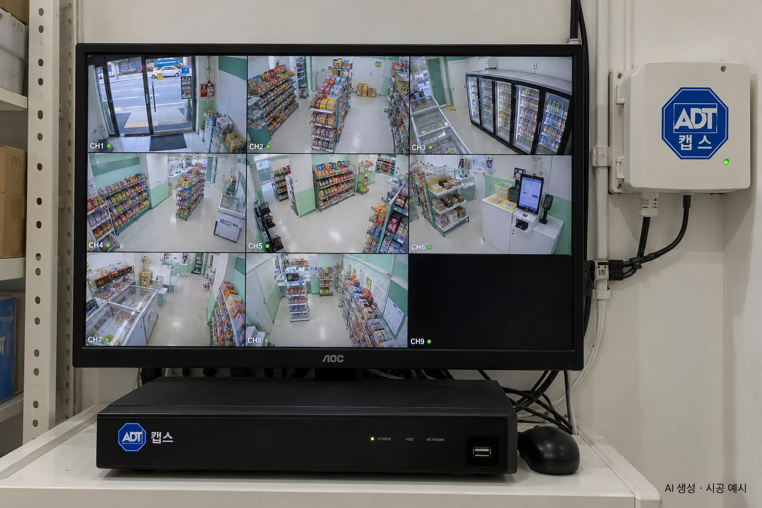 대구 무인가게 CCTV 설치 예시 - 8분할 녹화 화면과 캡스 장비