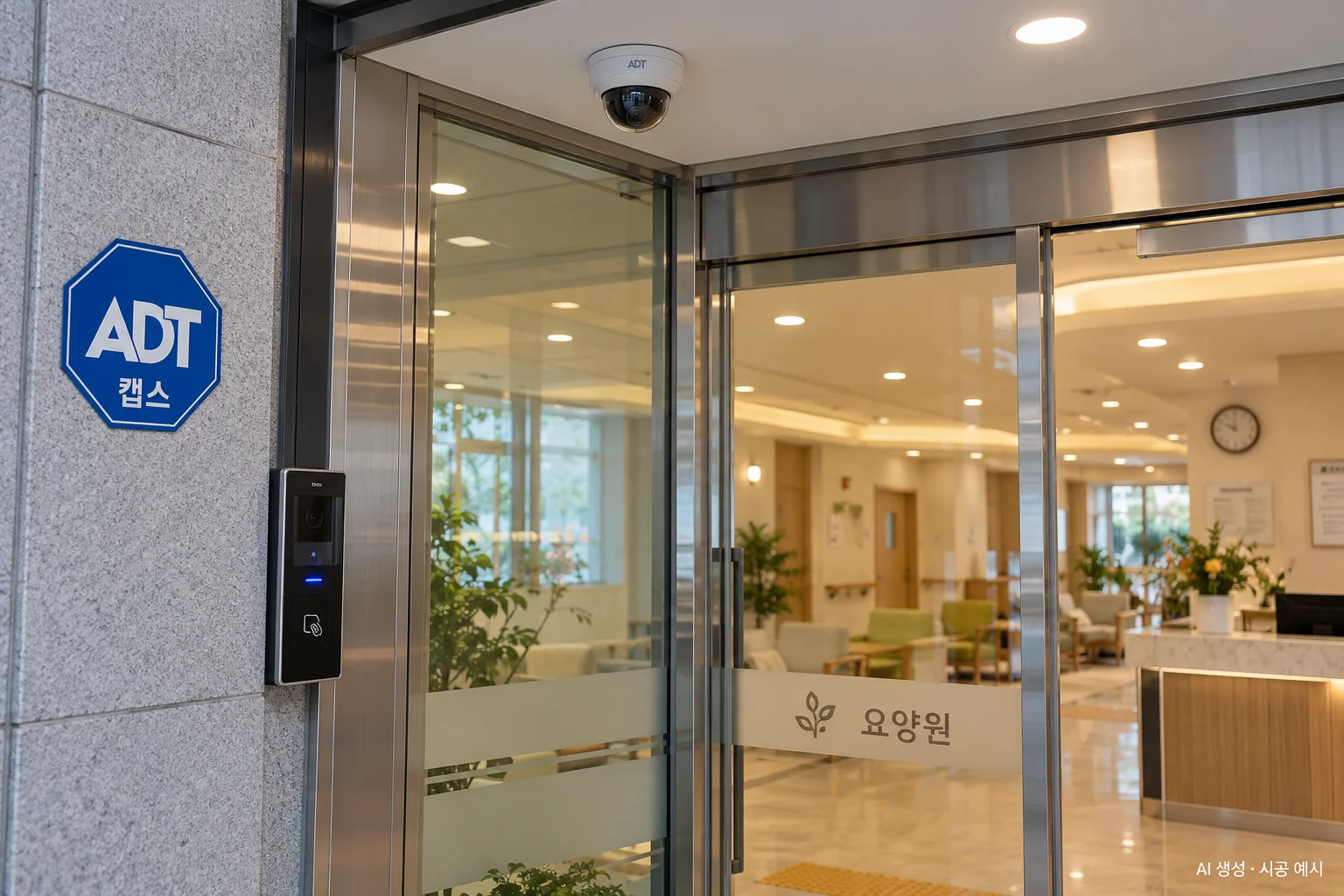 대구 요양원 CCTV 설치 예시 - 출입문 출입통제 단말기와 돔 카메라