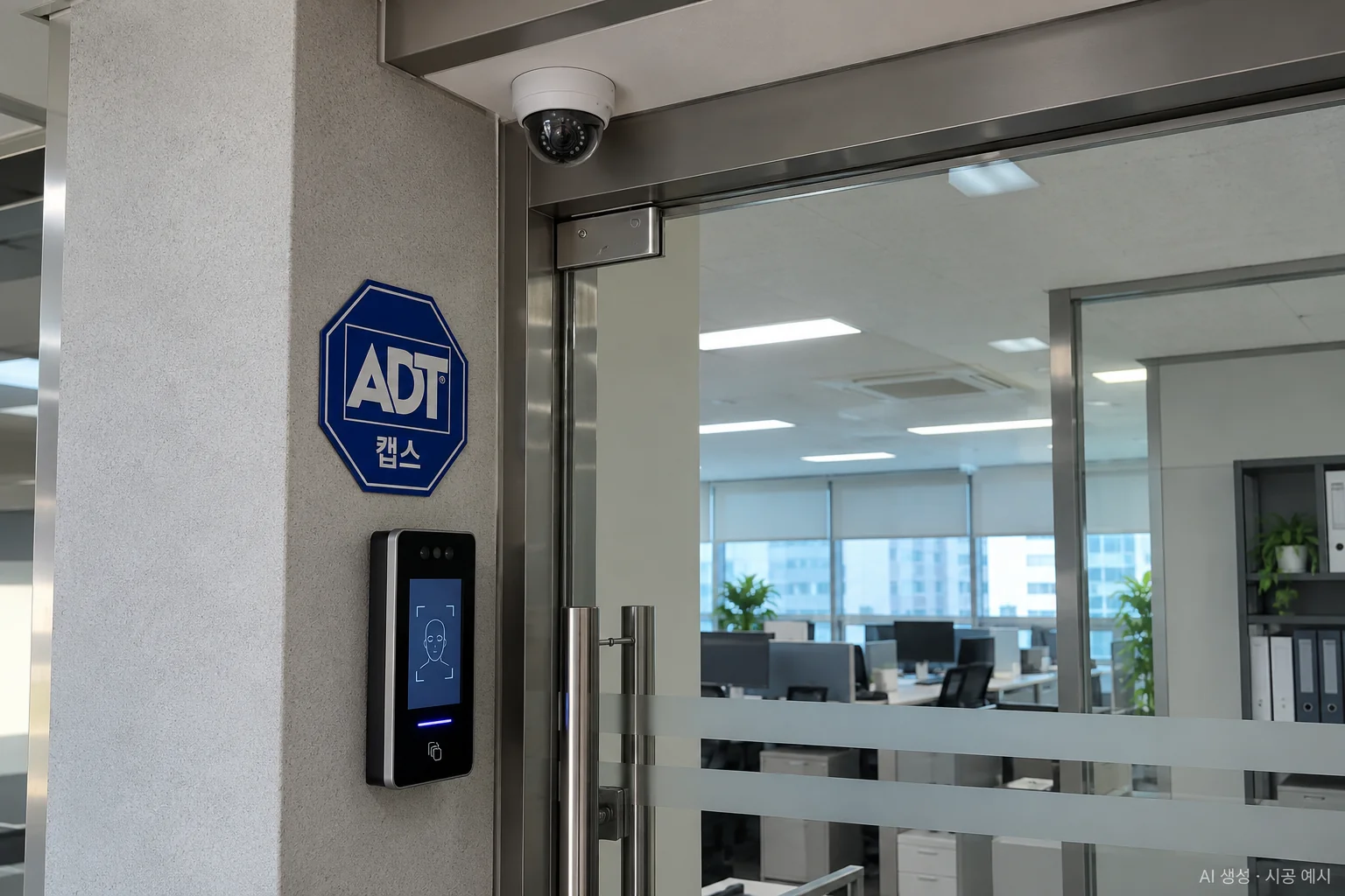 대구 사무실 CCTV 설치 예시 - 출입문 옆 출입단말기와 문 위 돔 카메라