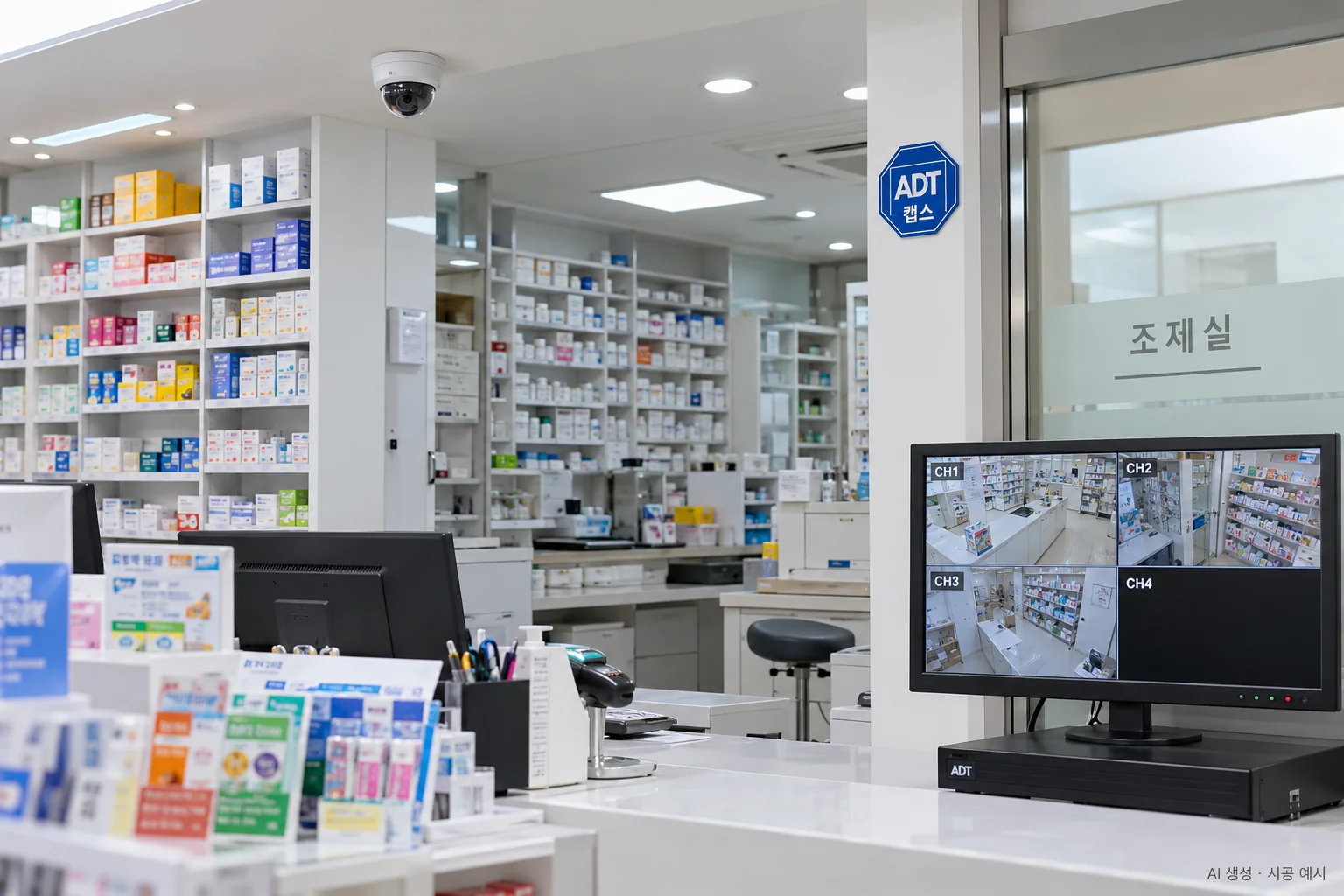 대구 약국 CCTV 설치 예시 - 조제실 카운터와 진열대를 비추는 돔 카메라