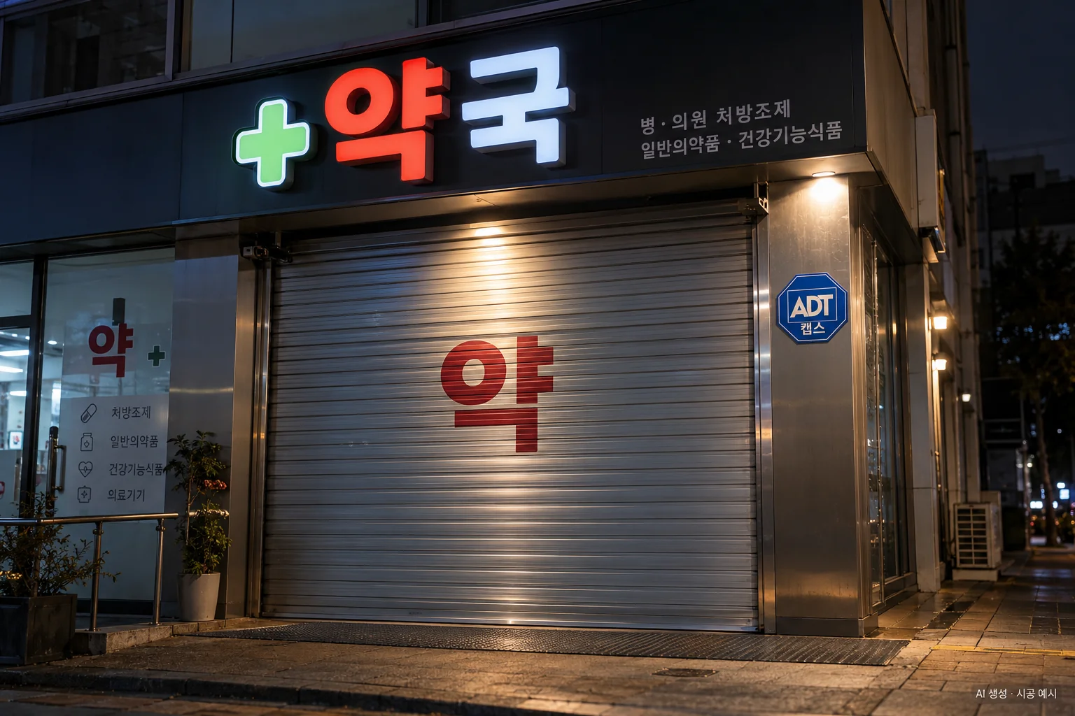 대구 약국 CCTV 설치 예시 - 밤의 셔터 내린 출입문과 캡스 스티커