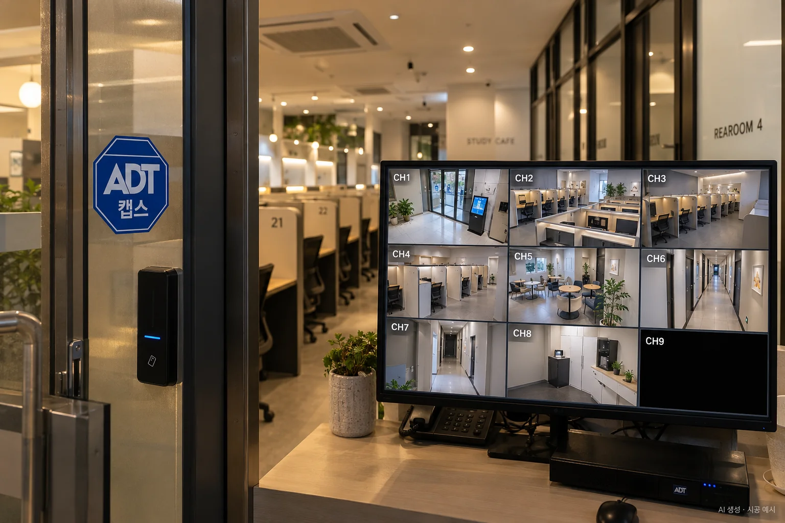 대구 스터디카페 CCTV 설치 예시 - 9분할 화면 중 8칸 사용