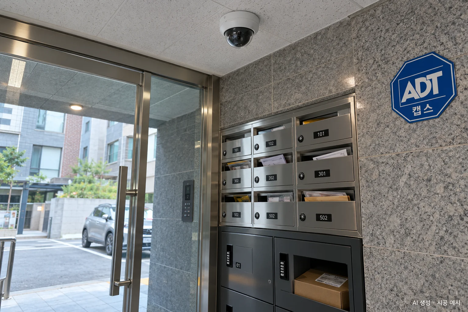 대구 빌라 CCTV 설치 예시 - 건물 입구 우편함 · 택배 자리를 비추는 돔 카메라
