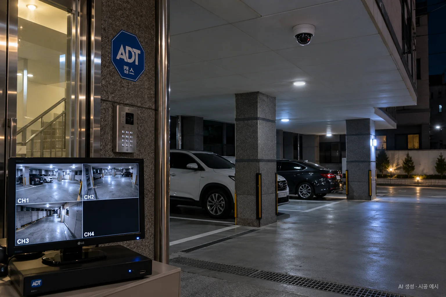 대구 빌라 CCTV 설치 예시 - 밤의 필로티 주차장과 적외선 카메라