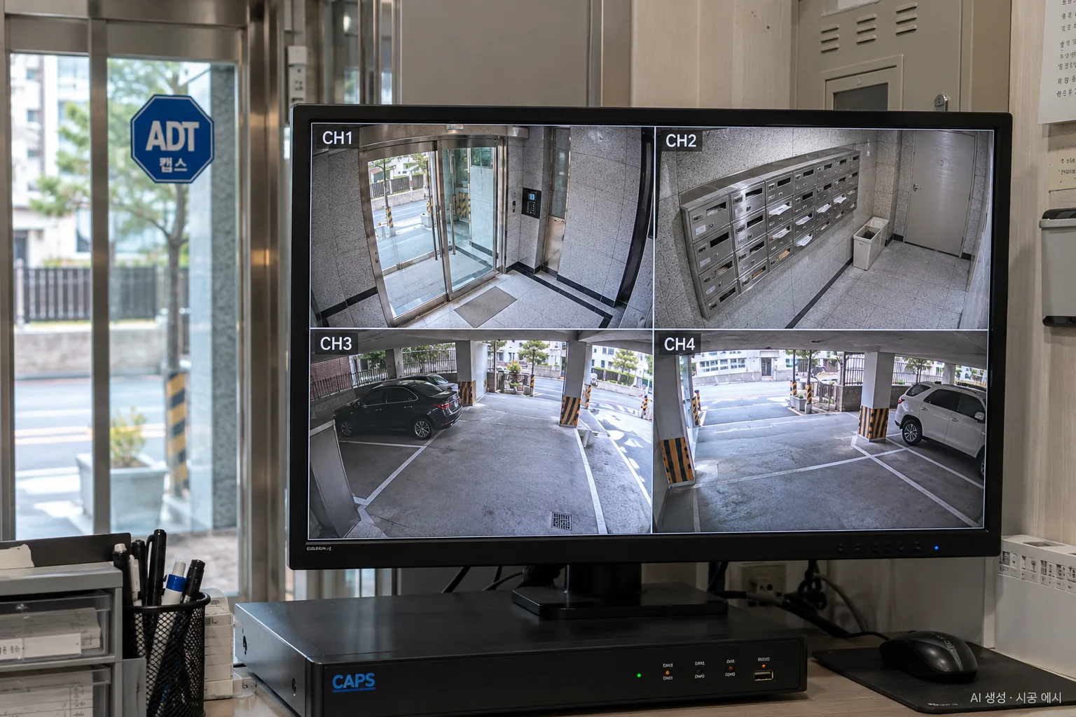 대구 빌라 CCTV 설치 예시 - 4분할 화면: 입구 · 우편함 · 주차장 좌우